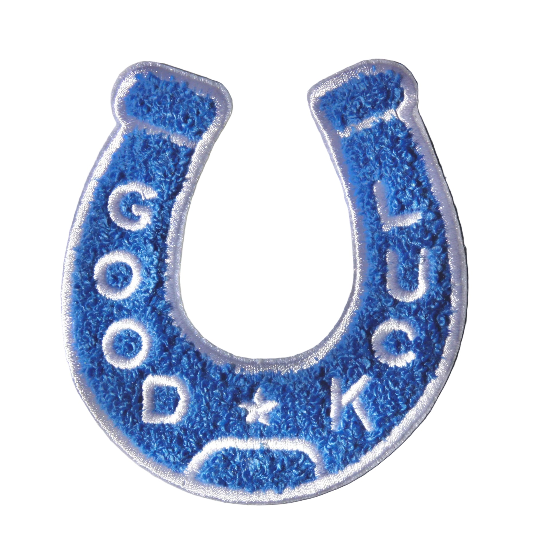 Blue and white lucky horseshoe patch on a white background