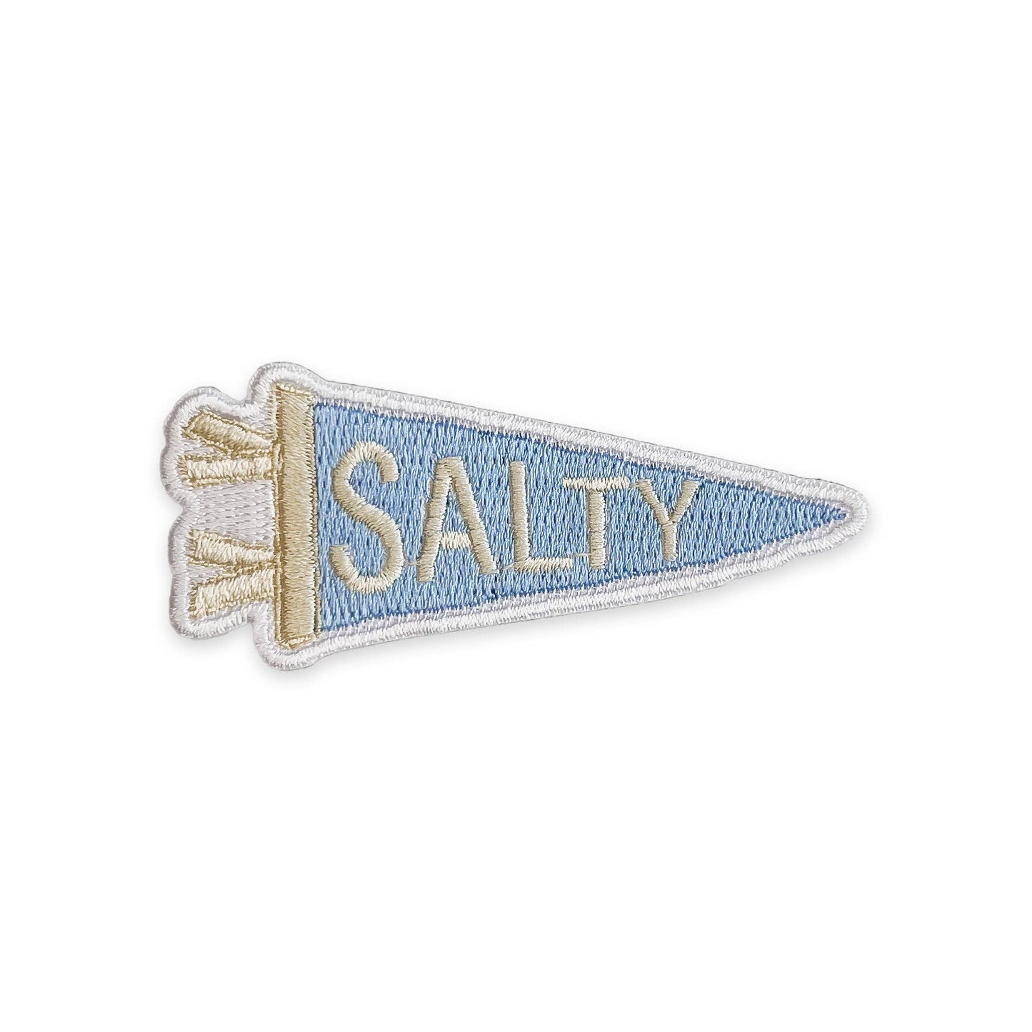 Embroidered patch of a blue pennant with 'Salty' text on a white background