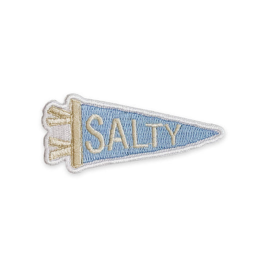 Embroidered patch of a blue pennant with 'Salty' text on a white background