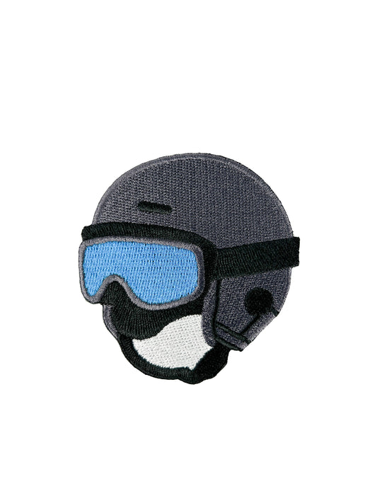 Patch of a ski helmet with blue goggles on a white background