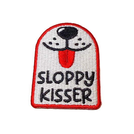 Embroidered patch with a dog face and 'Sloppy Kisser' text on a white background