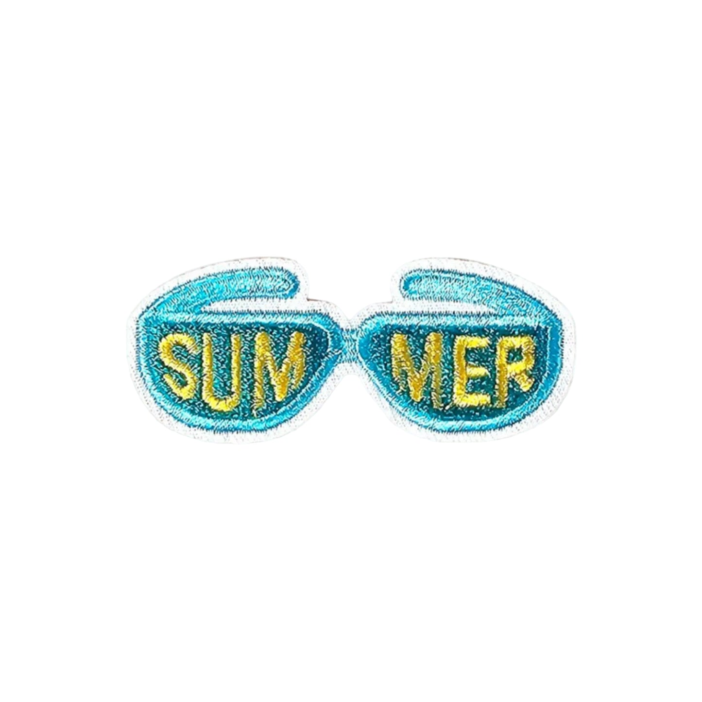 Embroidered sunglasses patch with 'SUMMER' text on a white background