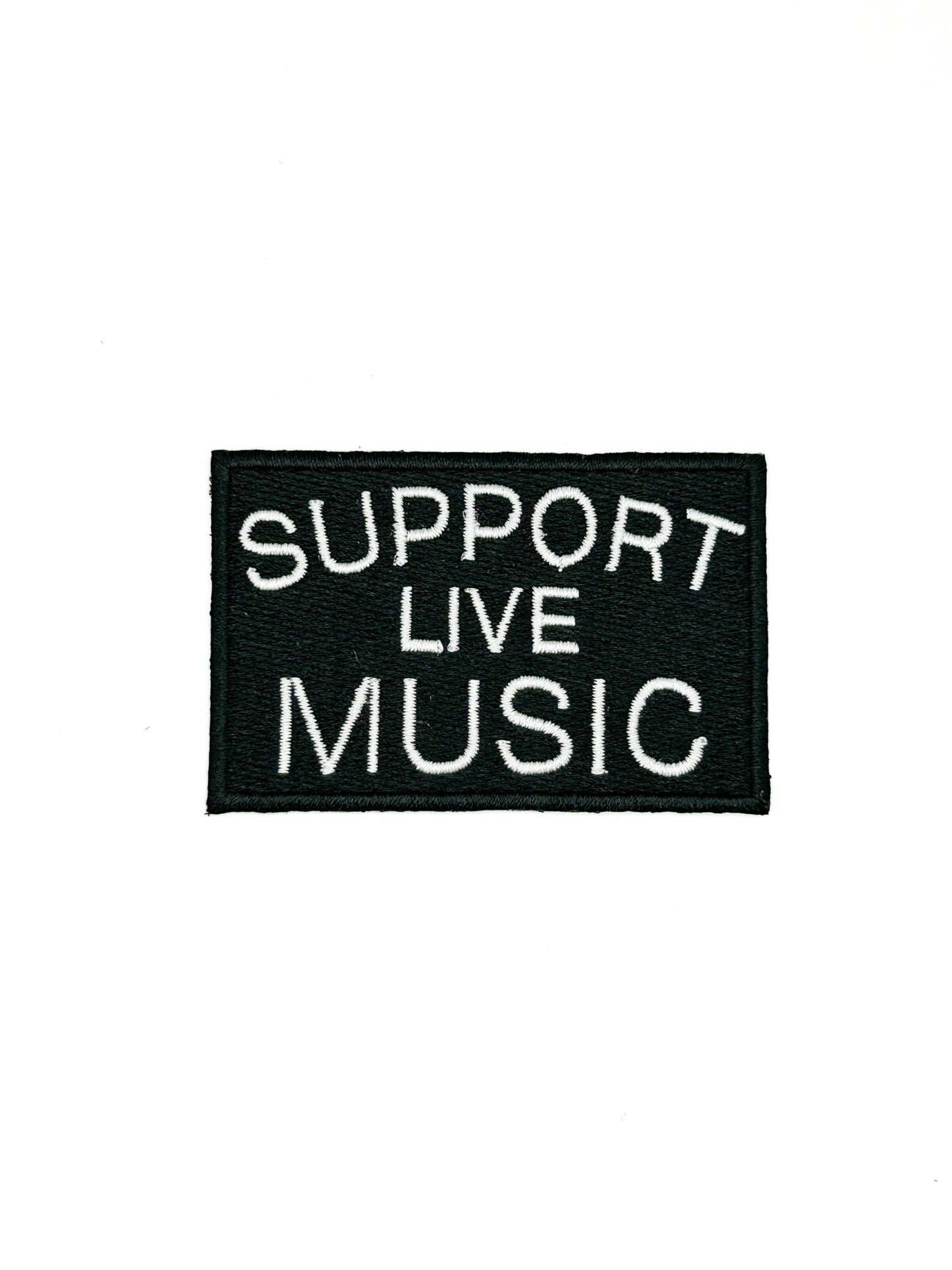 Black patch with 'Support Live Music' text on a white background