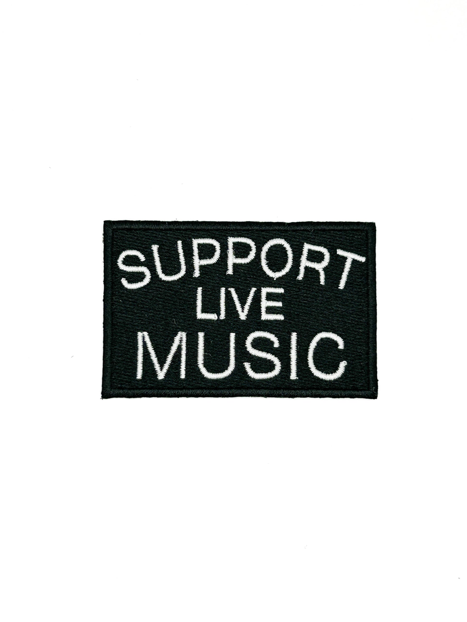 Black patch with 'Support Live Music' text on a white background
