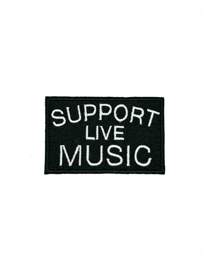 Black patch with 'Support Live Music' text on a white background