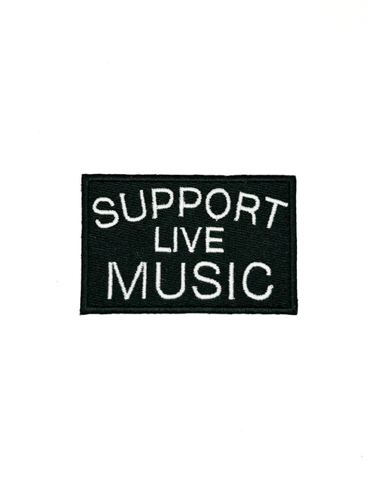Black patch with 'Support Live Music' text on a white background