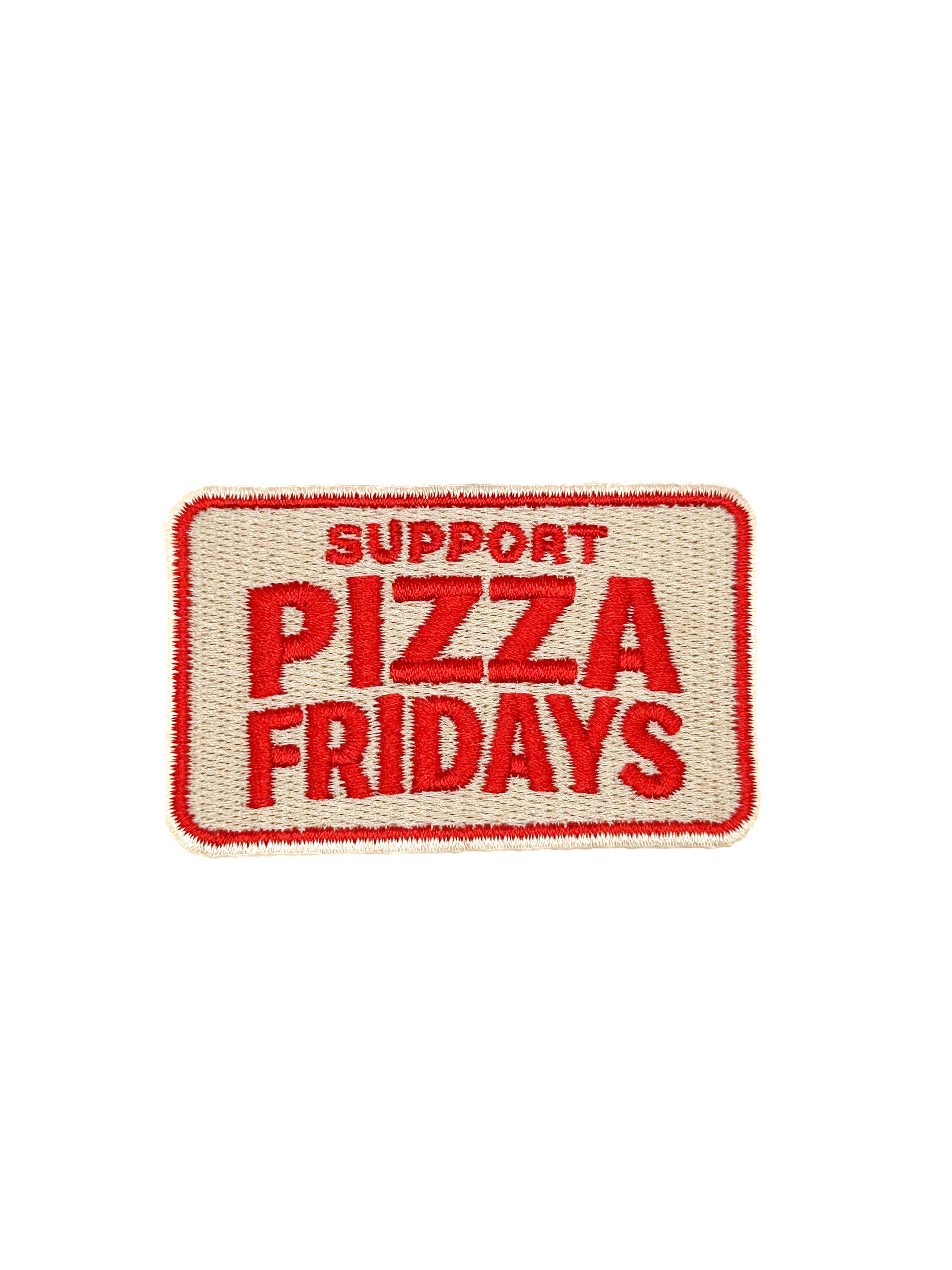 Embroidered patch with 'Support Pizza Fridays' text on a beige background