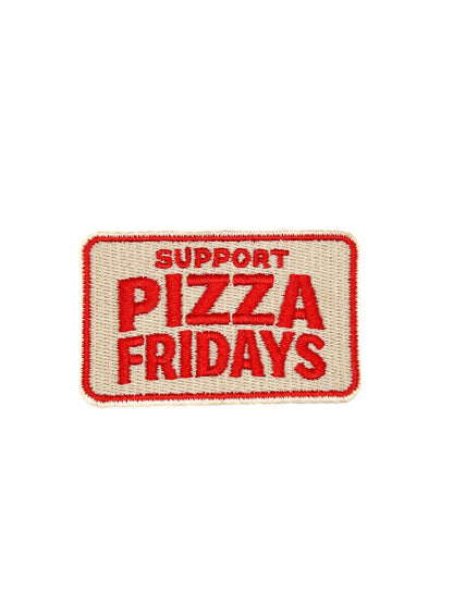 Embroidered patch with 'Support Pizza Fridays' text on a beige background