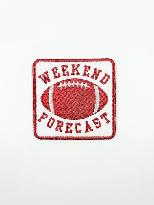 Patch with football design and 'Weekend Forecast' text on a white background