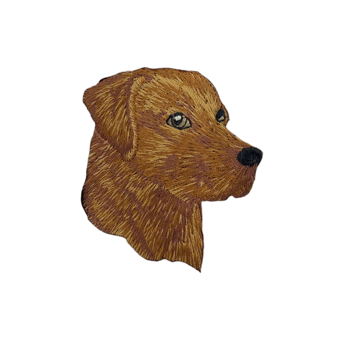 An embroidered patch of a dog's head in profile, featuring brown and golden-brown stitched fur with a black nose and eyes, isolated on a white background.