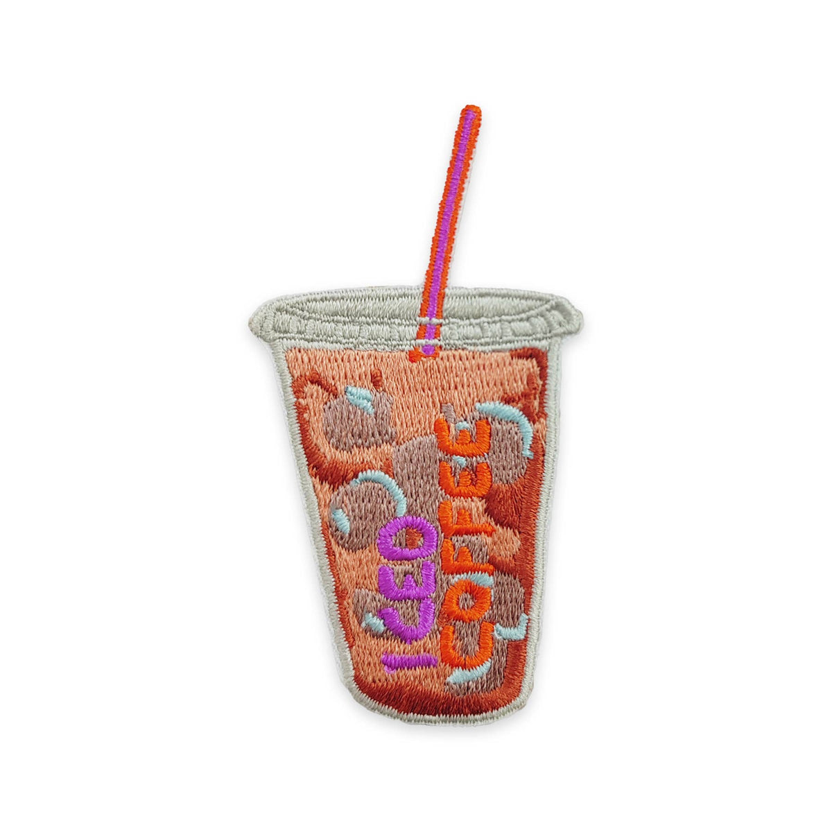 An embroidered patch shaped like a iced coffee cup with a pink and orange striped straw. The cup is filled with an orange-brown liquid patterned with light blue swirls, and features the text 'I COFFEE' in purple and orange.