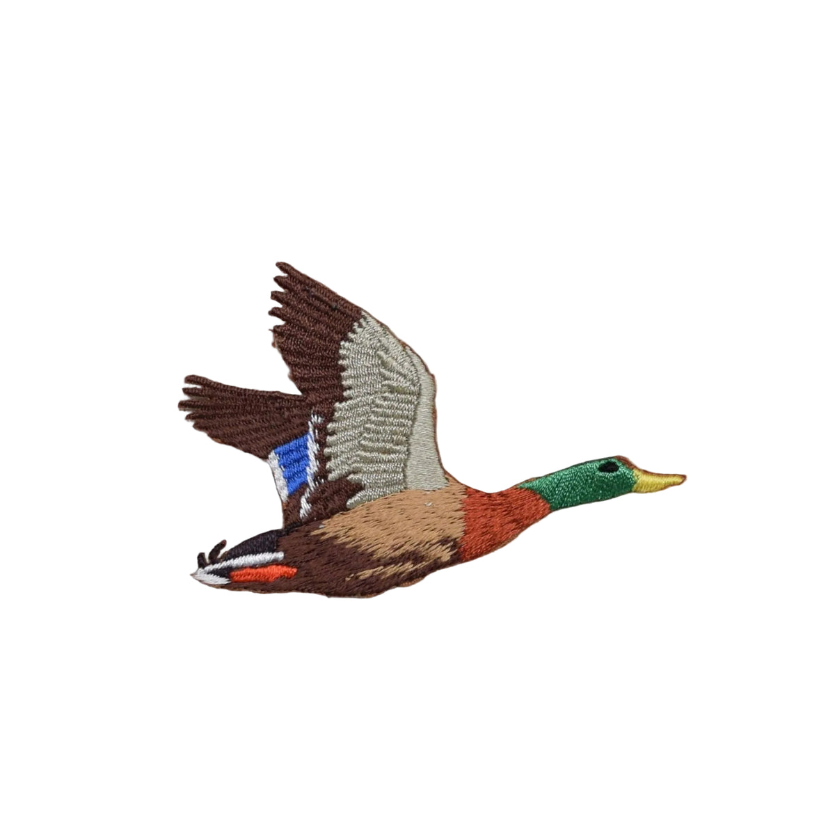 Embroidered patch of a duck on a textured fabric background