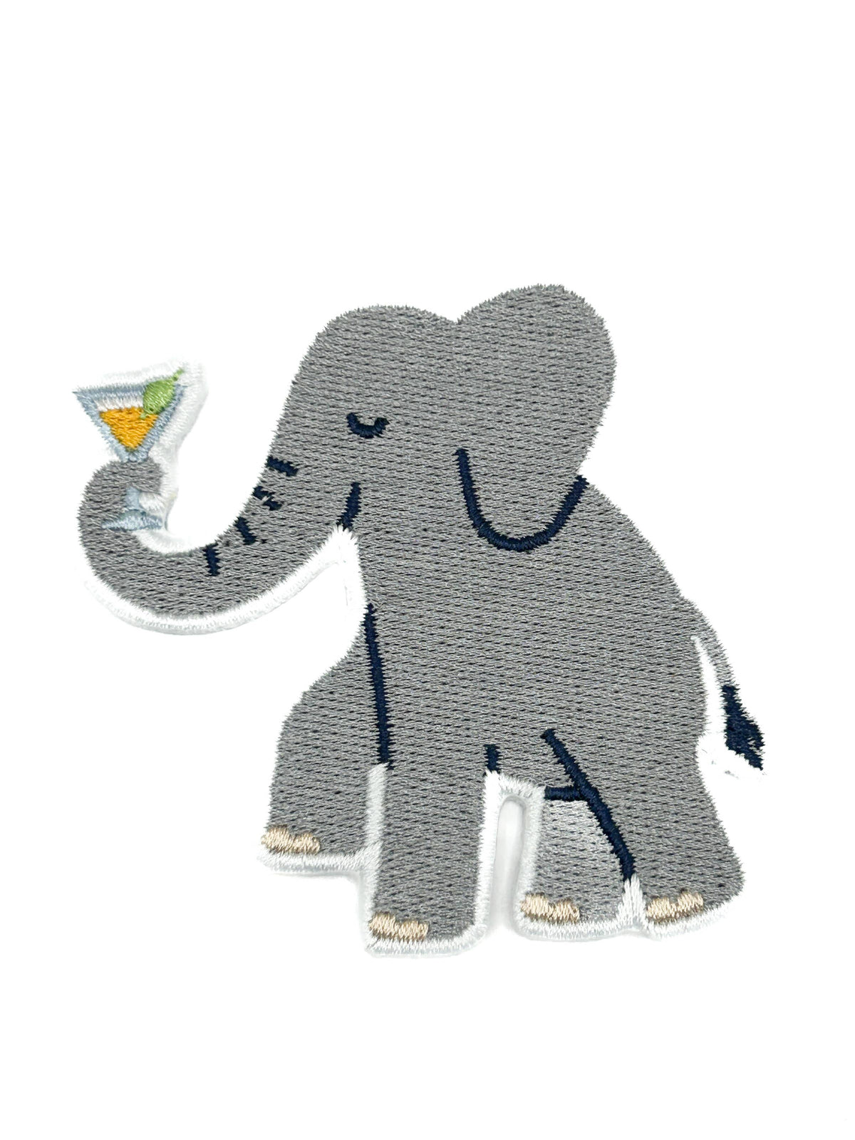 A gray embroidered elephant patch holding a small yellow drink with a green garnish, shown on a plain white background.