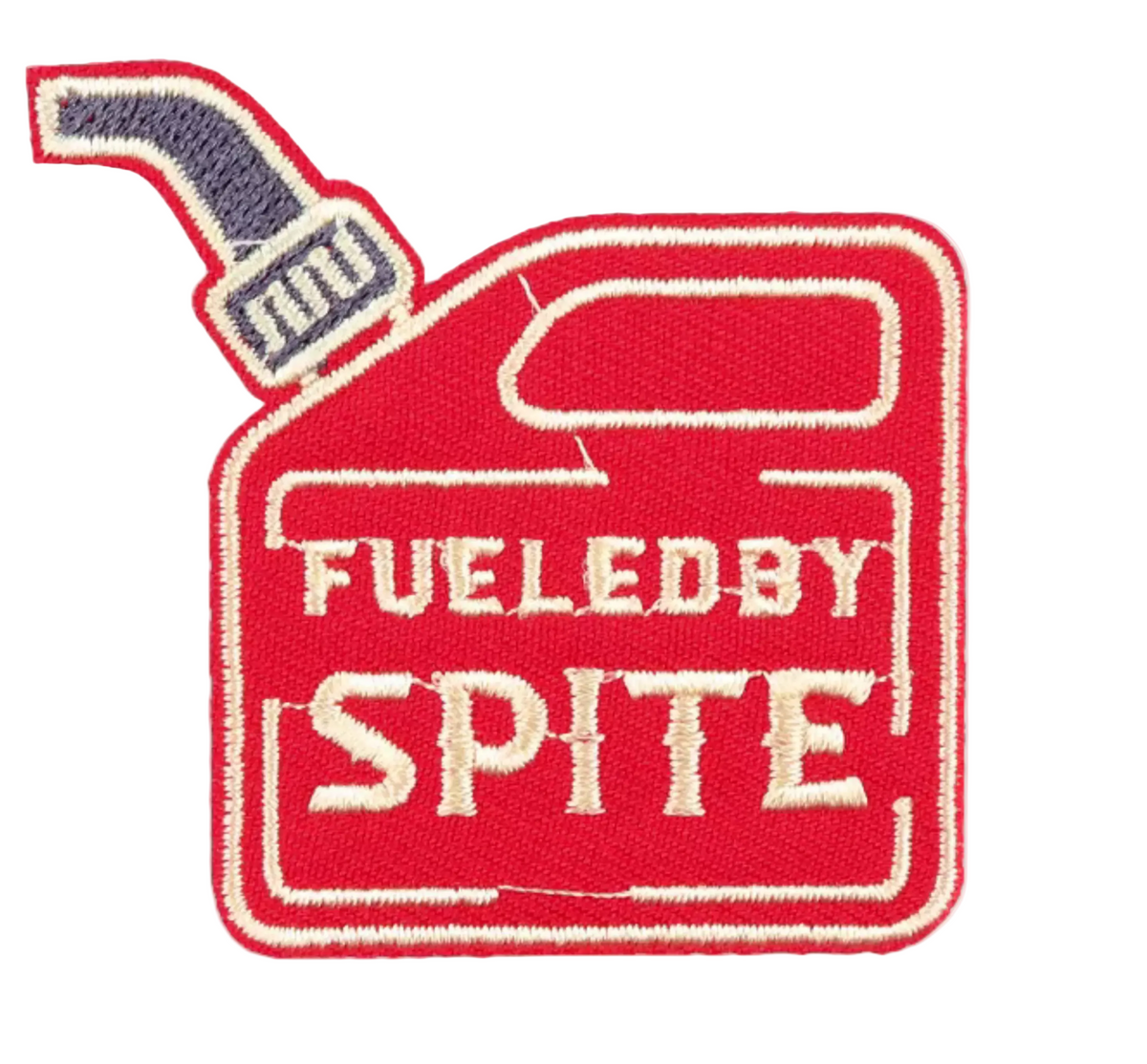 An embroidered patch shaped like a red gas can with the words 'FUELED BY SPITE' in cream lettering, shown on a light beige background with small star accents and text above reading 'Approx. 2.