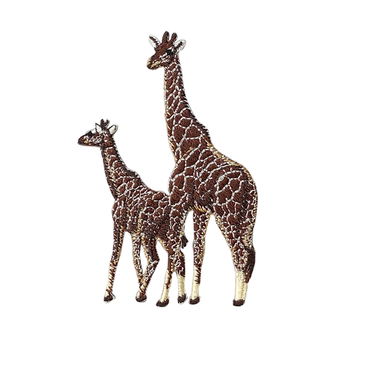 Two giraffe figures, one adult and one calf, shown in a stitched or embroidered style on a plain white background.