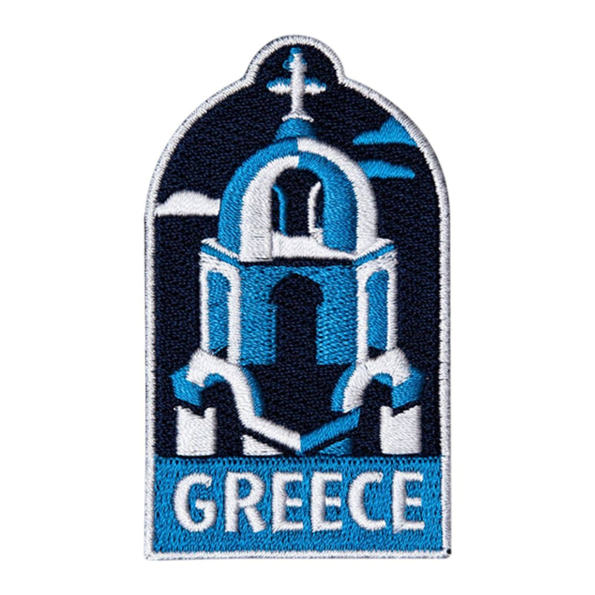 An embroidered patch featuring a blue and white Greek church dome with a cross on top and the word 'GREECE' in white on a blue banner at the bottom, shown on a plain white background.
