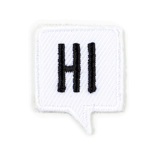 Text 'HI' in black on a white speech bubble patch against a white background