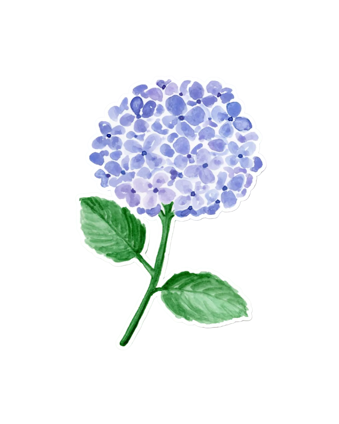 A die-cut sticker featuring a watercolor-style blue hydrangea flower with green leaves on a pink background.