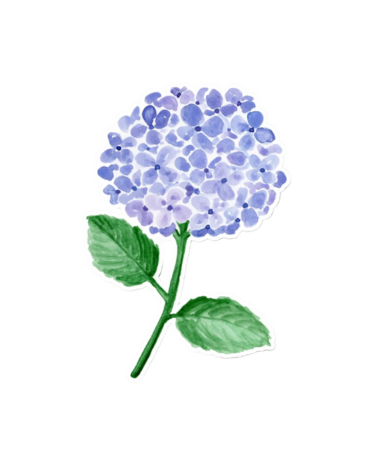 A die-cut sticker featuring a watercolor-style blue hydrangea flower with green leaves on a pink background.