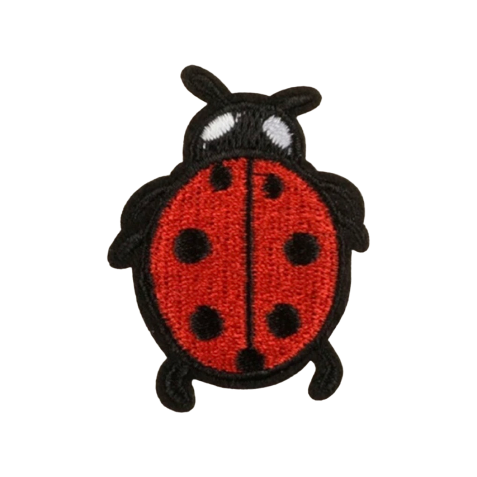 Crocheted ladybug patch on a white background