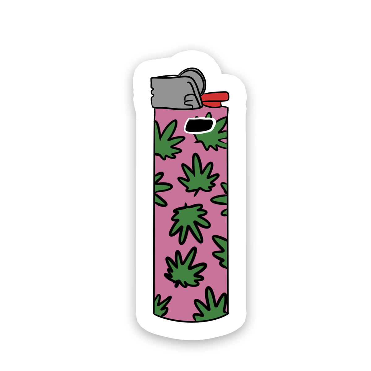 A die-cut sticker depicting a lighter with a pink body covered in green cannabis leaf patterns, shown on a plain white background.