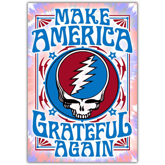 A square graphic print or poster featuring the Grateful Dead-style skull logo with the words 'MAKE AMERICA GRATEFUL AGAIN' in large blue lettering, on a pastel tie-dye background with red, white, and blue tones.