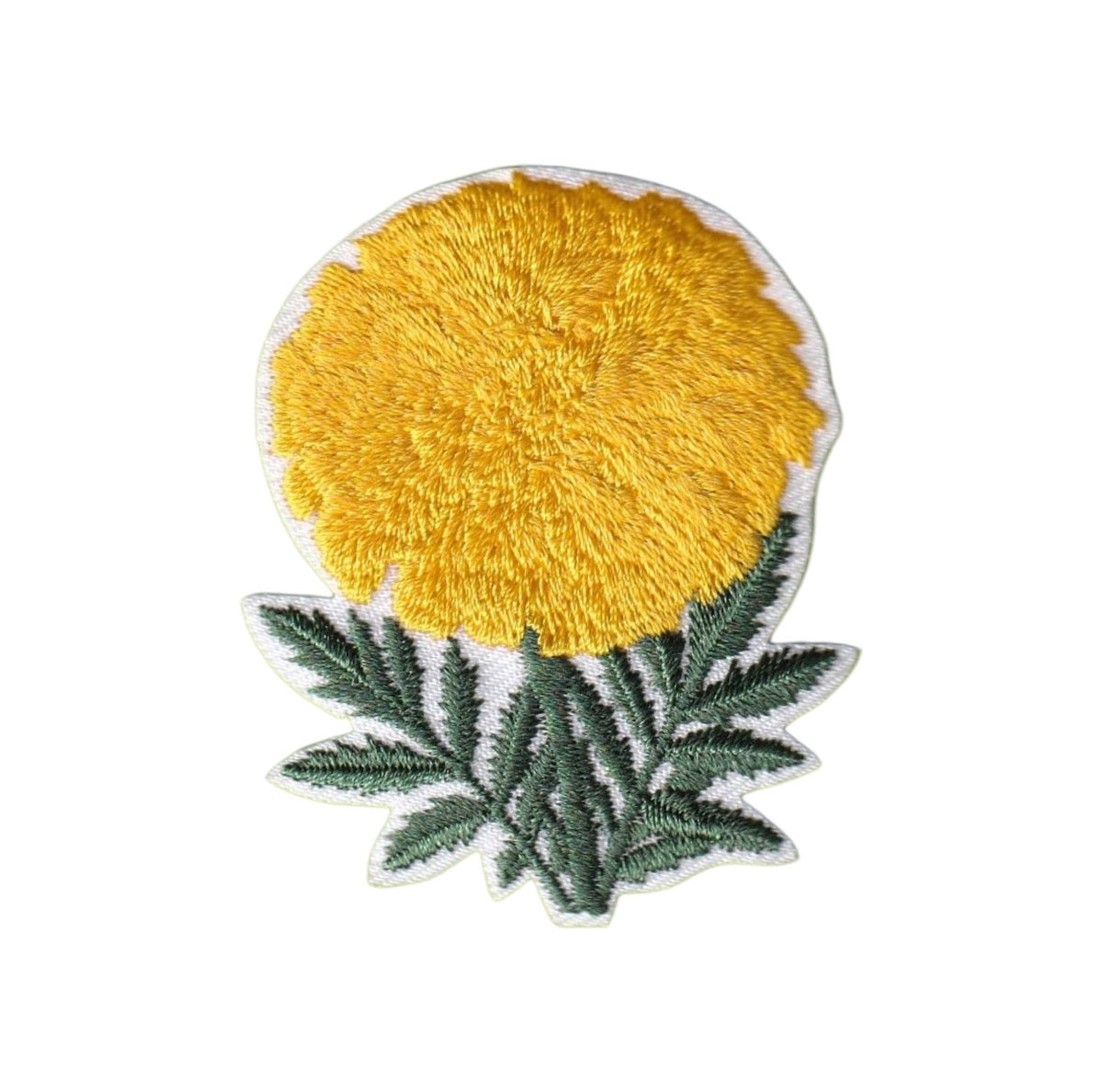 An embroidered patch featuring a bright yellow flower with textured yellow stitching, dark green leaves, and a white embroidered border, shown on a plain white background.
