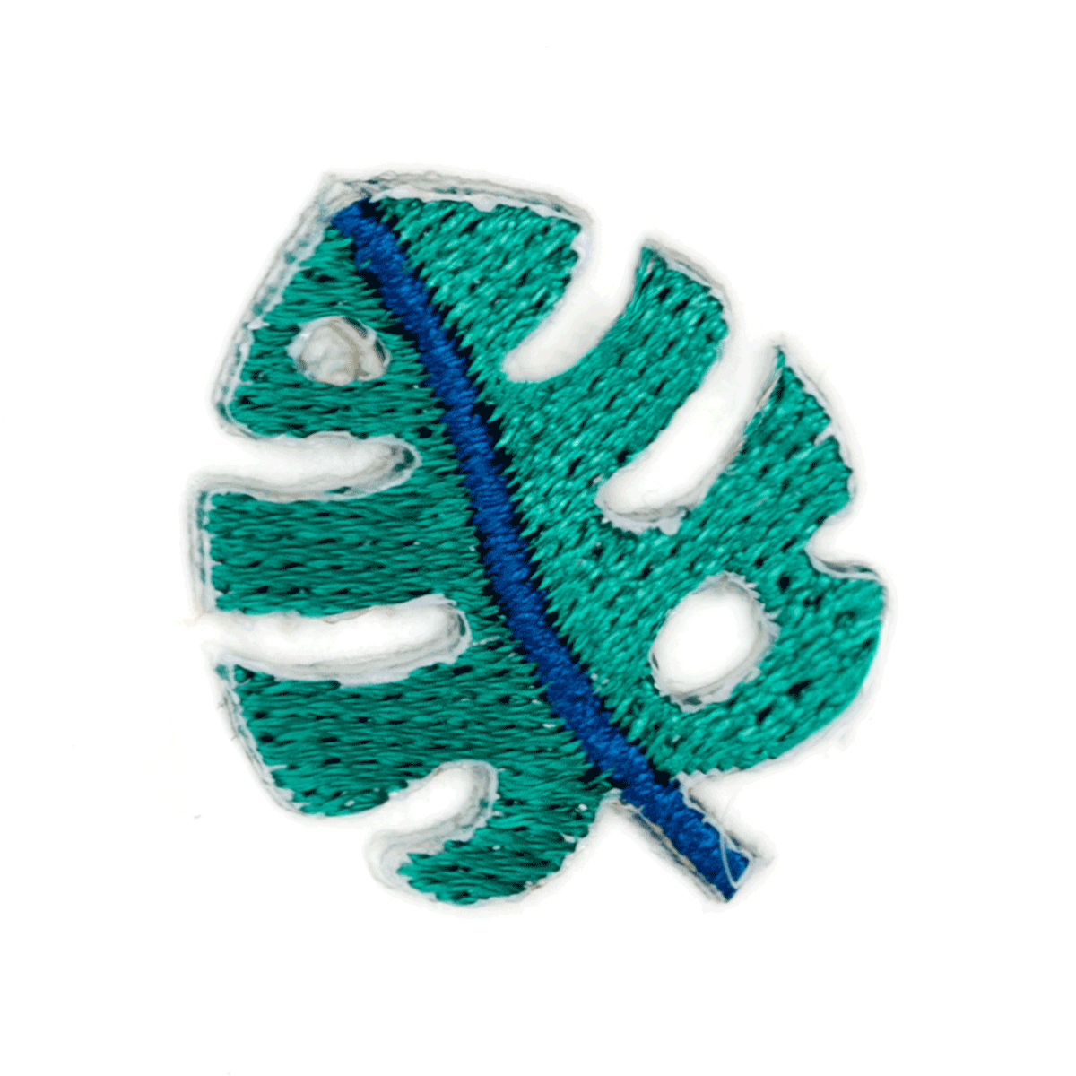 Embroidered green monstera leaf patch with a blue stem on a white background