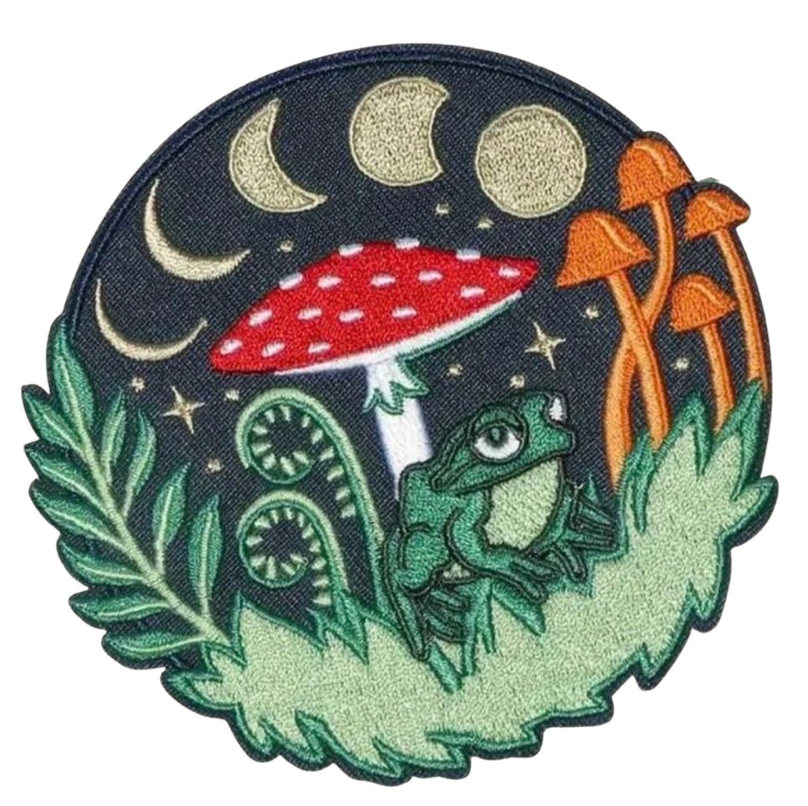Embroidered patch with a frog, mushrooms, and moon phases on a dark background