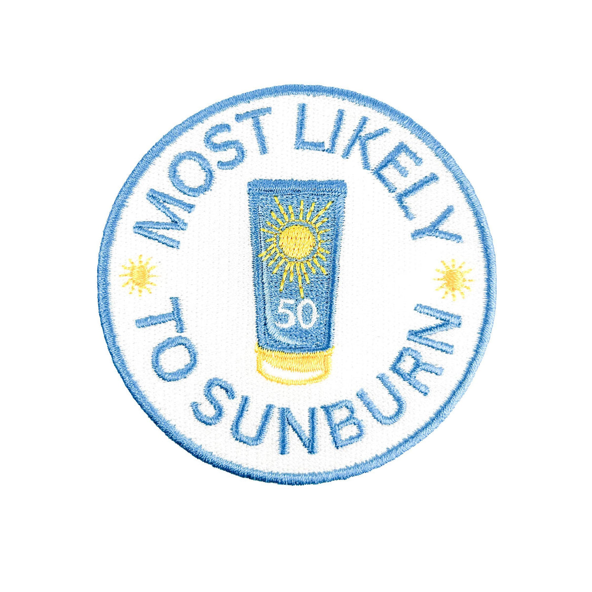 Embroidered patch with a sunblock tube and text 'Most Likely to Sunburn' on a white background