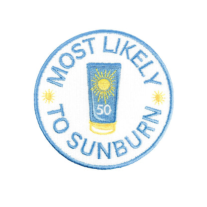 Embroidered patch with a sunblock tube and text 'Most Likely to Sunburn' on a white background