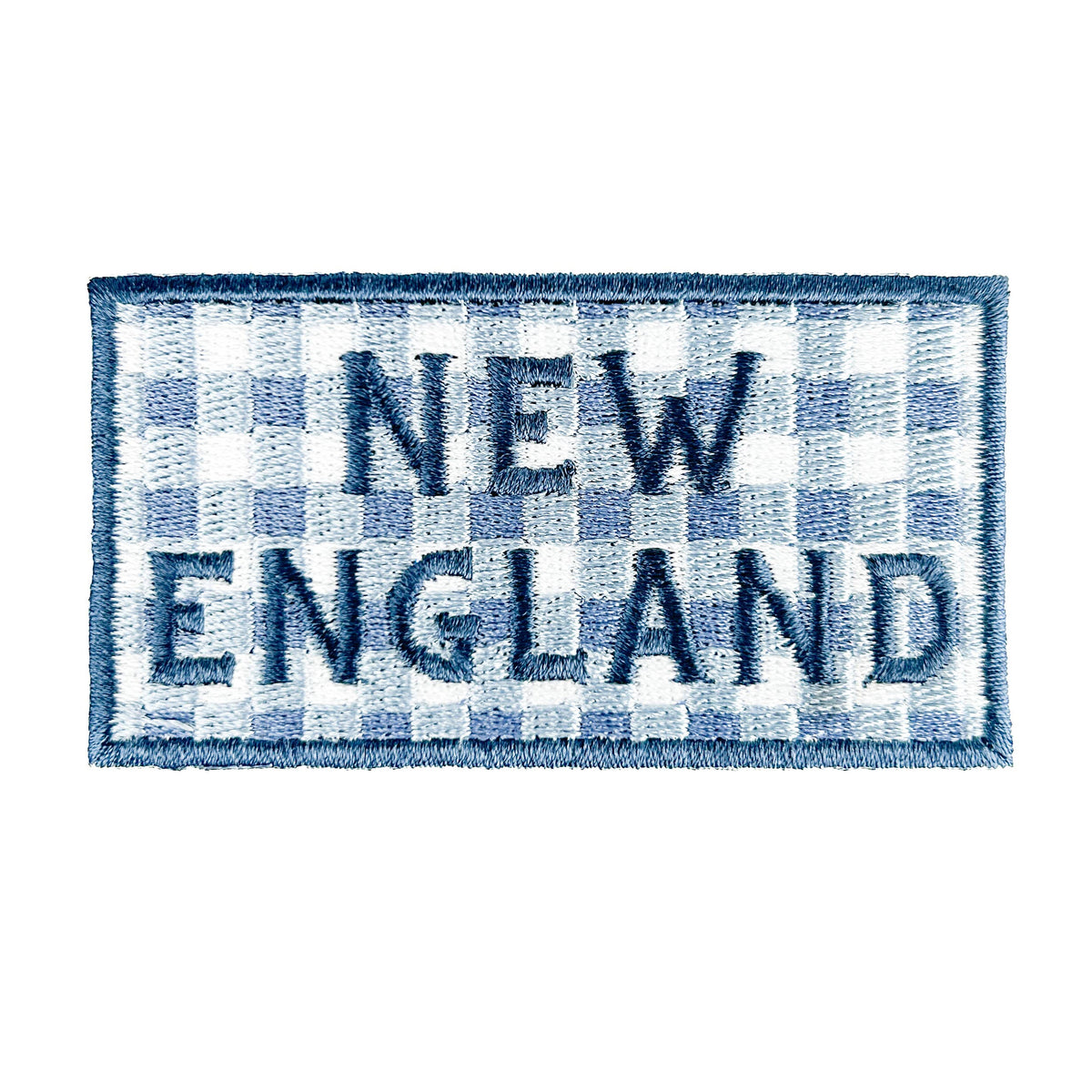 Patch with 'NEW ENGLAND' text on a blue and white checkered background