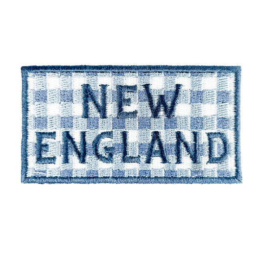 Patch with 'NEW ENGLAND' text on a blue and white checkered background