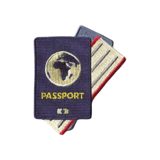 Embroidered passport patch featuring a dark blue cover with a gold globe emblem and the word 'PASSPORT' in yellow, layered over a striped travel ticket design in cream, red, and blue on a white background.