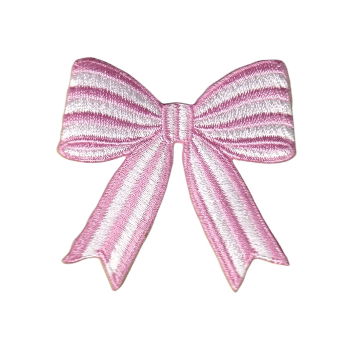 A pink and white striped embroidered patch shaped like a bow, shown on a plain white background.