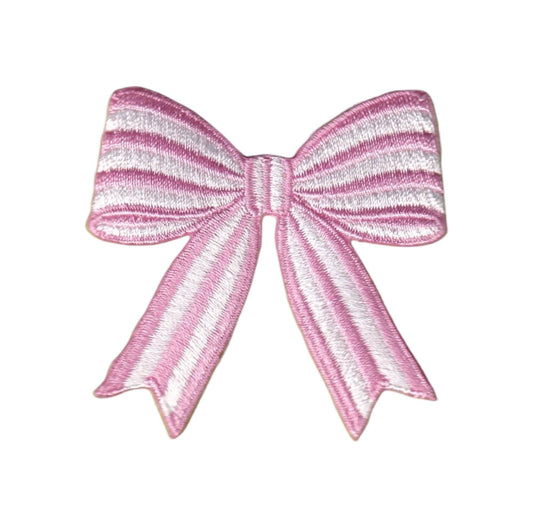 A pink and white striped embroidered patch shaped like a bow, shown on a plain white background.