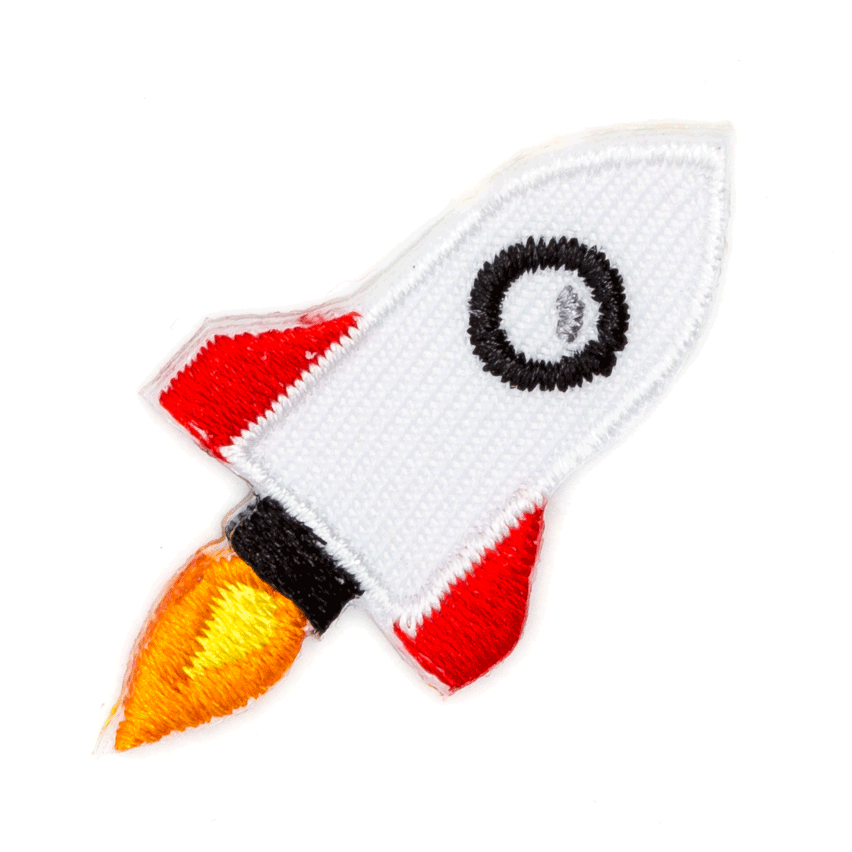 An embroidered patch of a cartoon rocket ship. The rocket is primarily white with red fins, a black circular window, and a yellow and orange flame coming from the bottom.