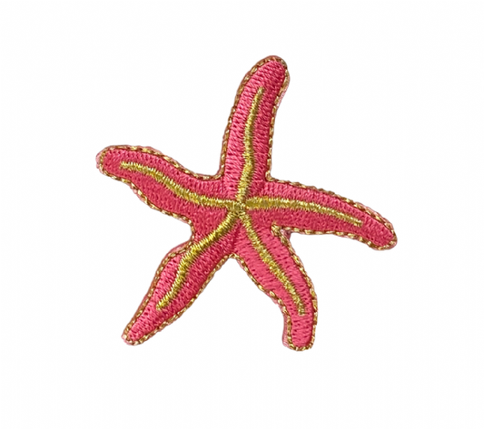 A pink embroidered starfish patch with gold and brown stitched outlines, isolated on a white background.