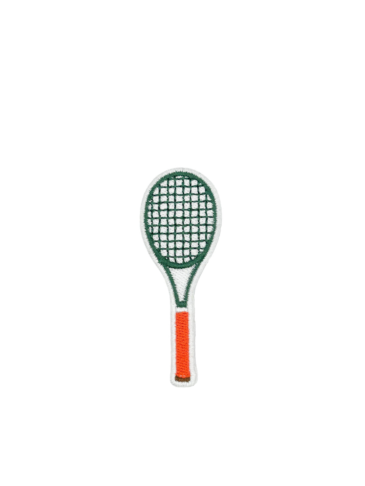 An embroidered patch of a tennis racket with a green head and string bed, a white handle, and an orange grip, shown on a plain white background.