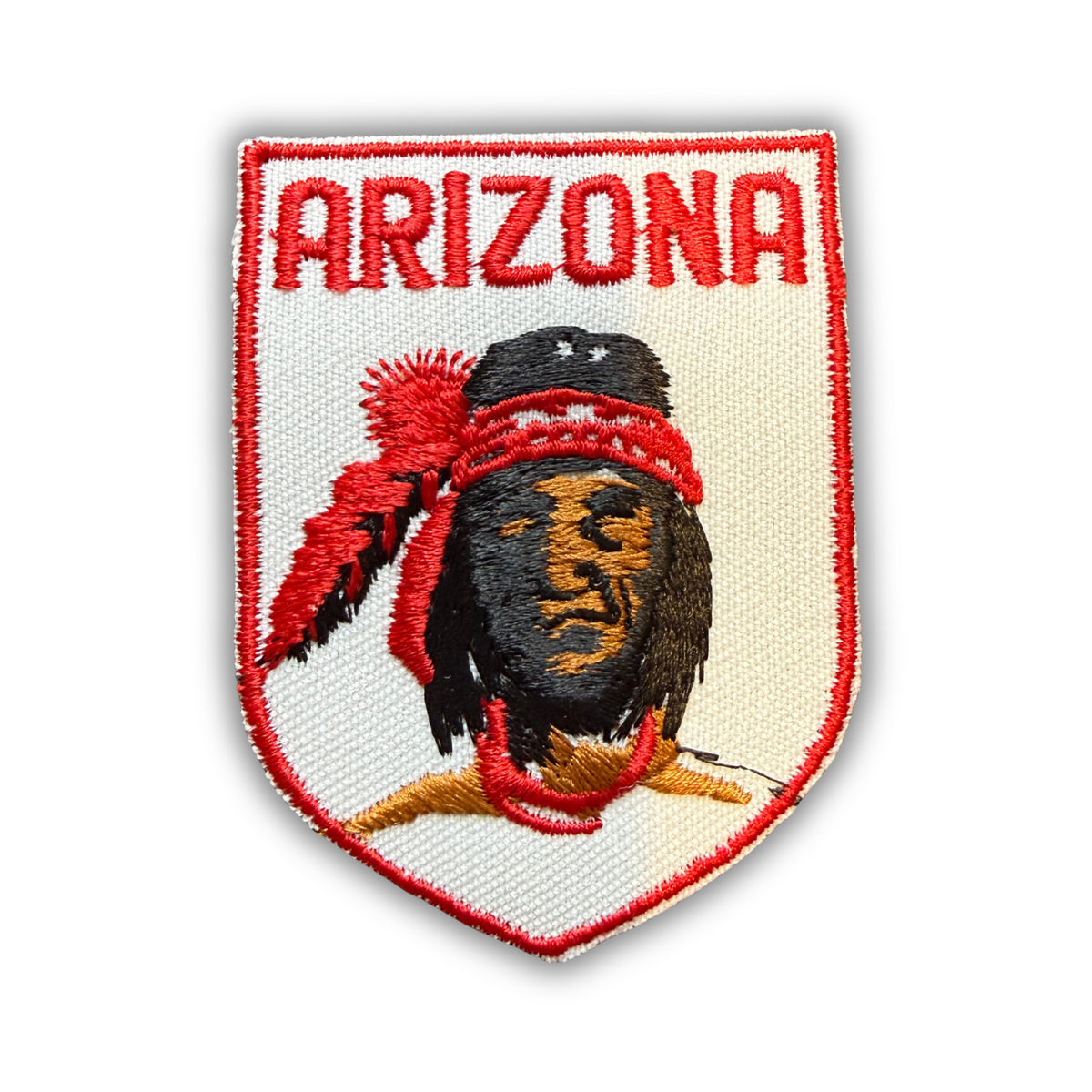 Vintage Arizona embroidered shield patch, Native American portrait with red headband, red lettering on white