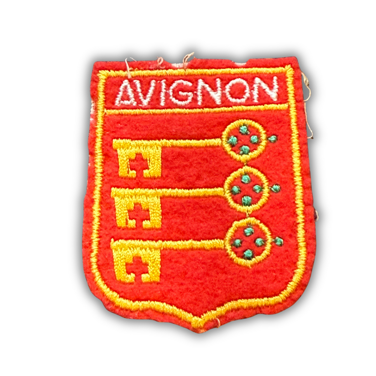 Vintage Avignon France felt shield patch, three gold keys on red, white lettering