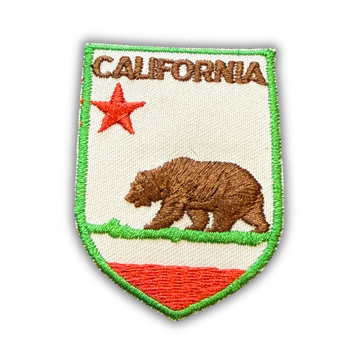 Vintage California embroidered shield patch, grizzly bear and red star on cream, green border