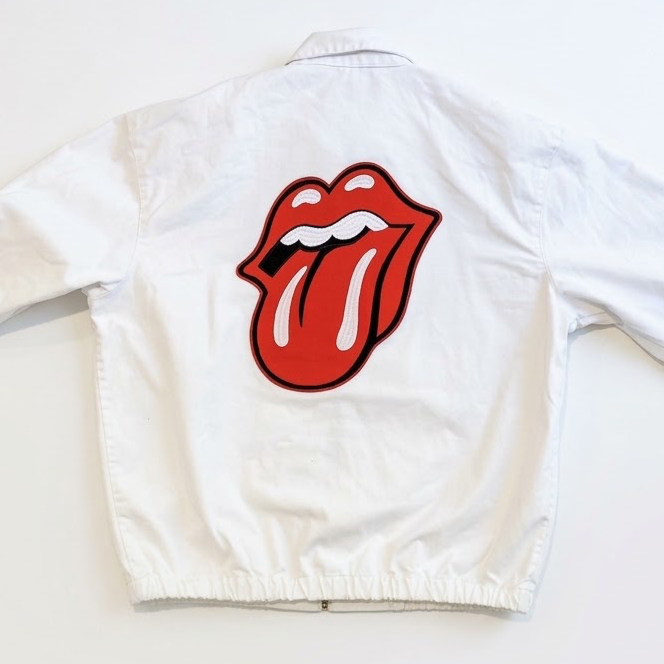 Vintage upcycled Polo Ralph Lauren white cotton Harrington jacket with large Rolling Stones embroidered patch on back